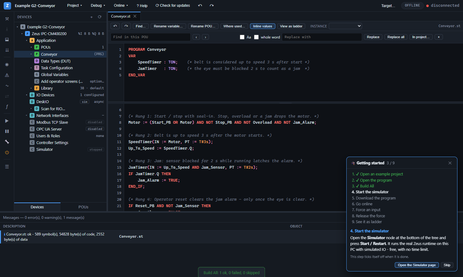 The Zeus PLC IDE with the Getting started tutorial